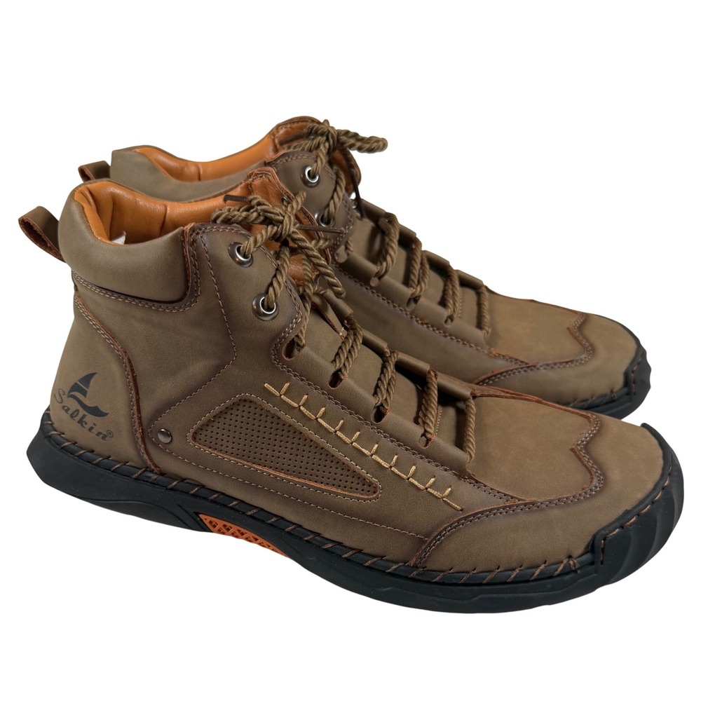 Salkin Mens Brown Lace Up High Top Casual Boots Whipstitch Detail 2317.50 - Picture 4 of 9